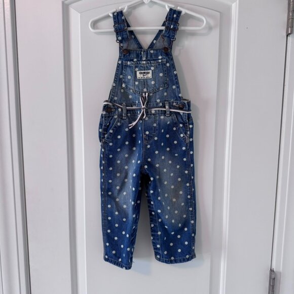 OshKosh Bgosh 18 month denim overalls w/polka dots & belt, snaps for diaper chng - Picture 2 of 6